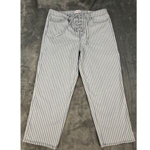 Frayed Jeans Womens 16 Blue White Striped Lace Up High Rise Straight Crop Pants